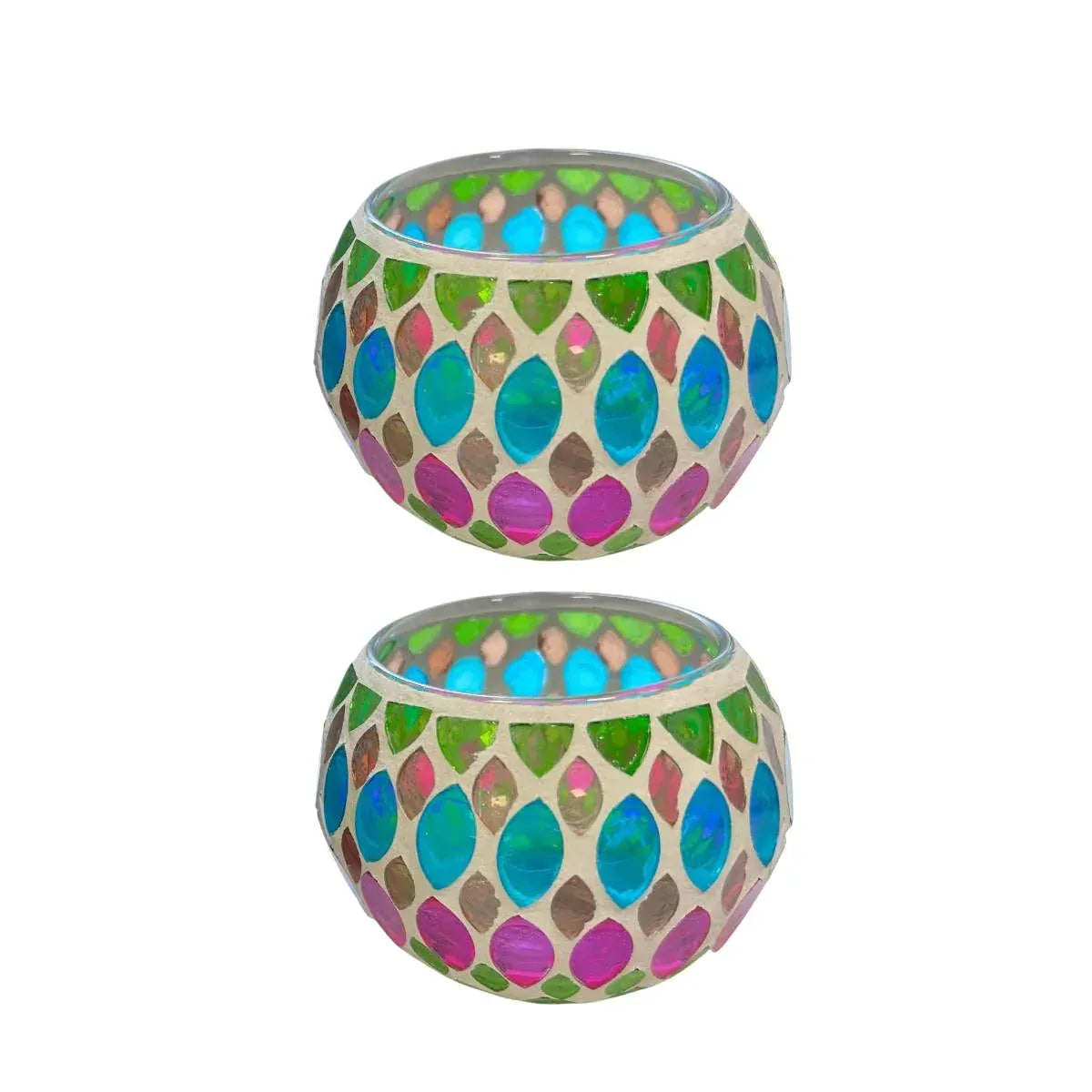2Pcs Vintage Mosaic Colourful Glass Small Candle Holder Cups Romantic Home Decor - Green