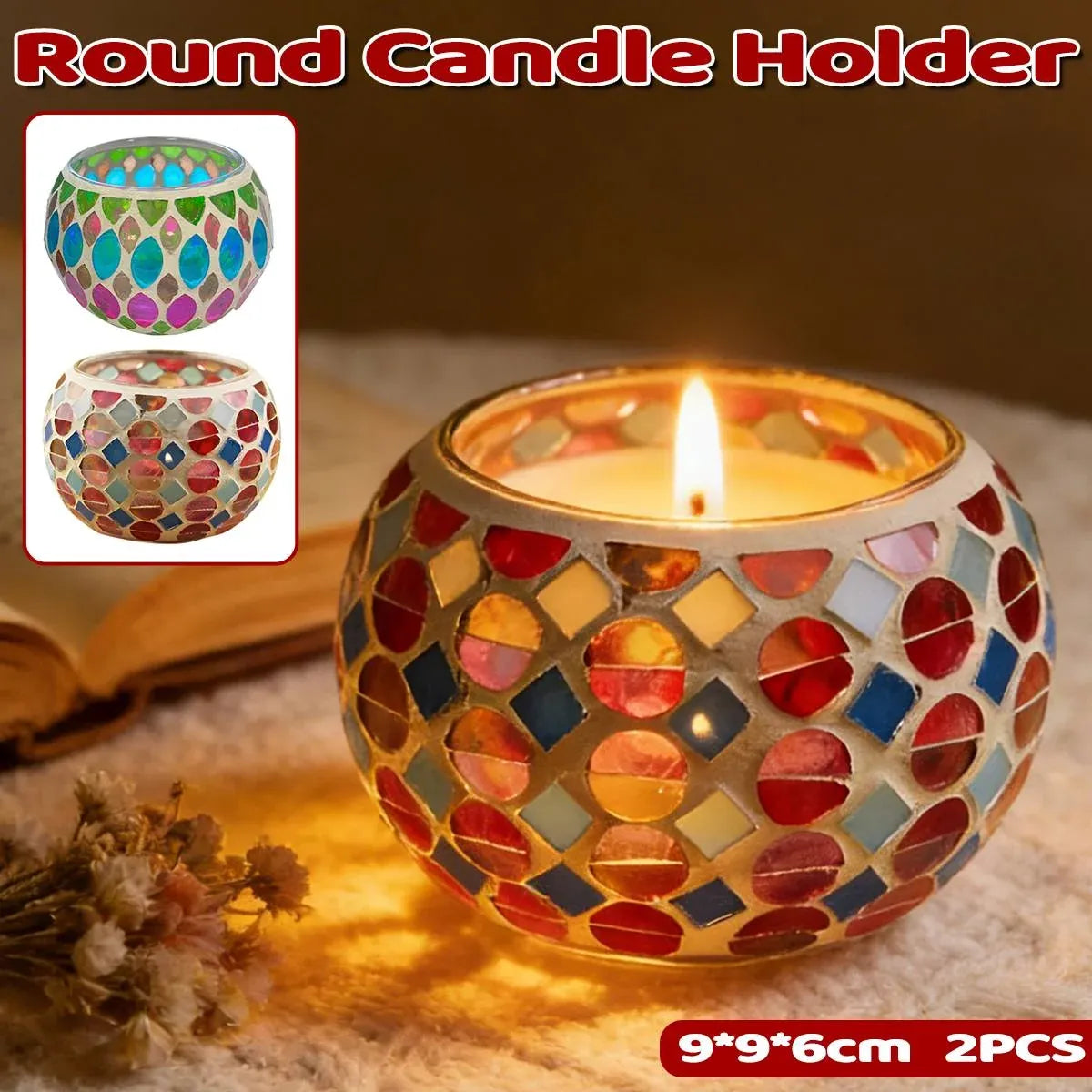 2Pcs Vintage Mosaic Colourful Glass Small Candle Holder Cups Romantic Home Decor - Green