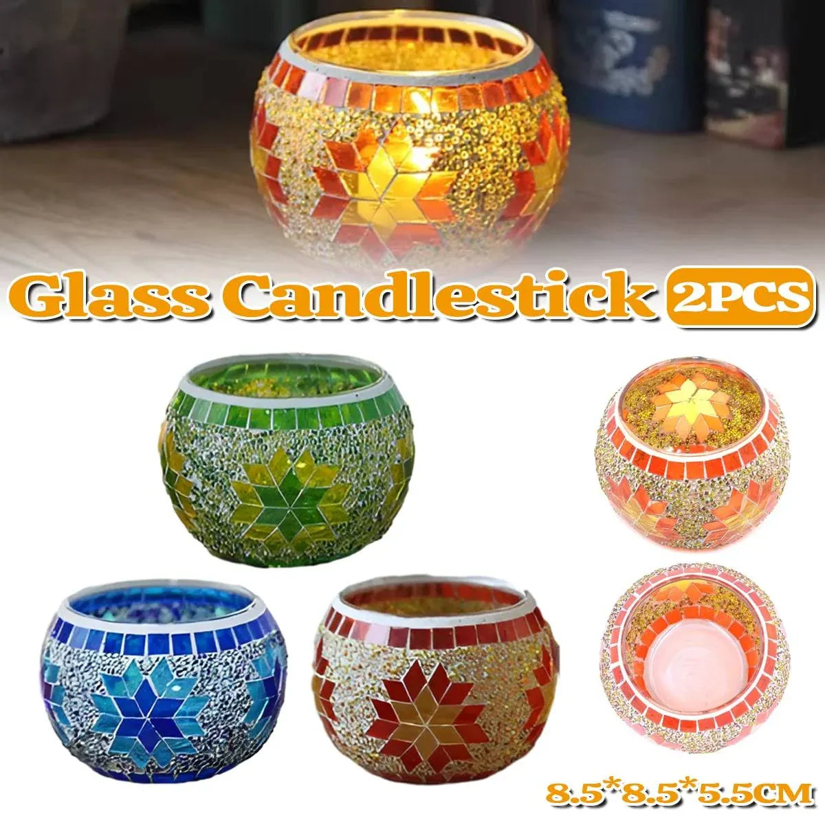 2Pcs European Style Colourful Mosaic Glass Candle Holder Cup Tabletop Decor - Orange