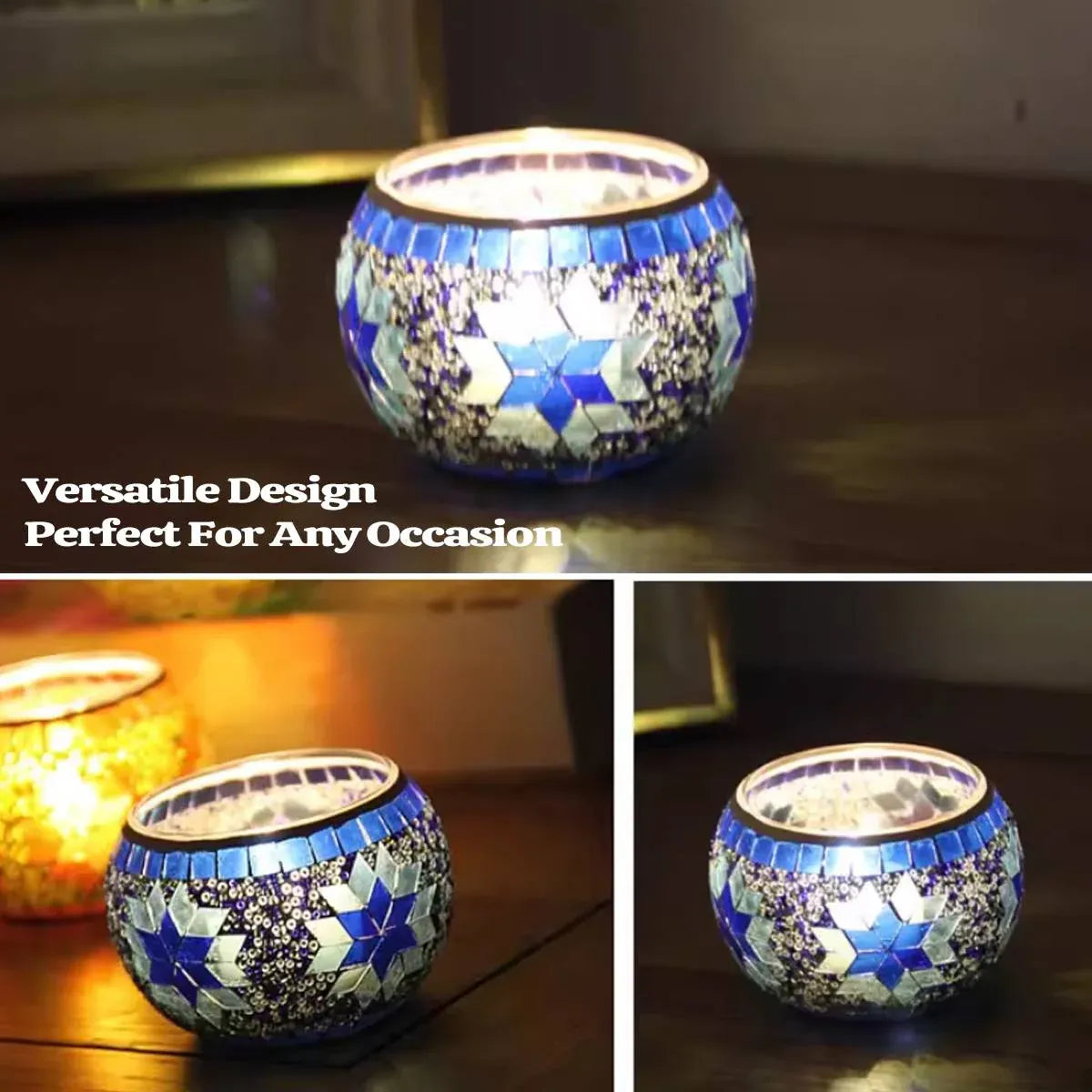 2Pcs European Style Colourful Mosaic Glass Candle Holder Cup Tabletop Decor - Orange