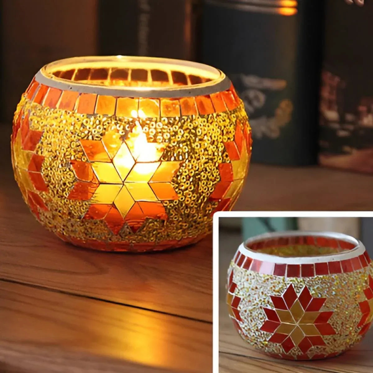 2Pcs European Style Colourful Mosaic Glass Candle Holder Cup Tabletop Decor - Orange