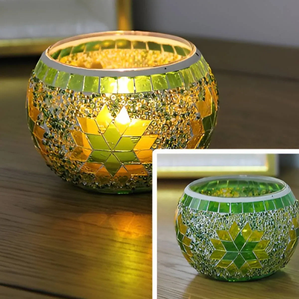 2Pcs European Style Colourful Mosaic Glass Candle Holder Cup Tabletop Decor - Orange