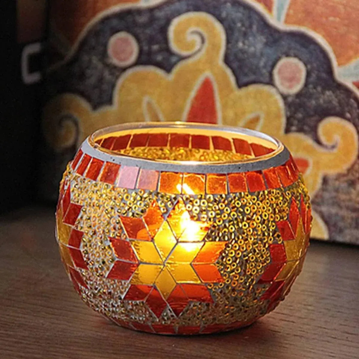 2Pcs European Style Colourful Mosaic Glass Candle Holder Cup Tabletop Decor - Orange