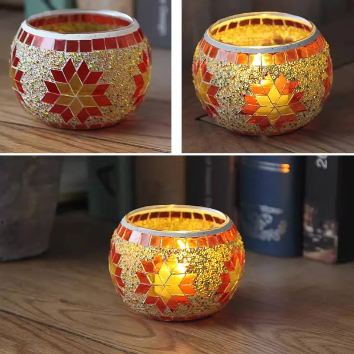 2Pcs European Style Colourful Mosaic Glass Candle Holder Cup Tabletop Decor - Orange