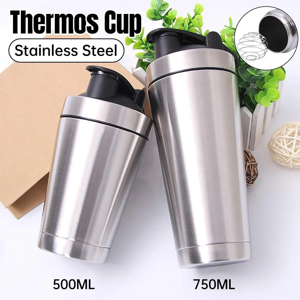 500/750ML Stainless Steel Protein Blender Shaker Cup Bottle Mixed Water Sport - 750ml