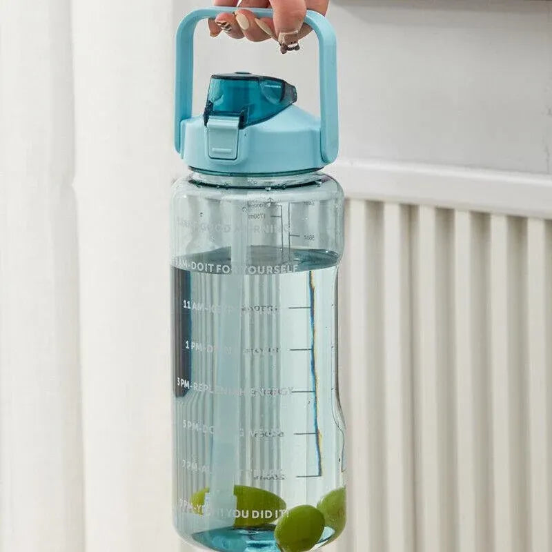 2L Water Bottle Straw Cup Motivational Drink Flask With Time Markings Sports Gym - Black