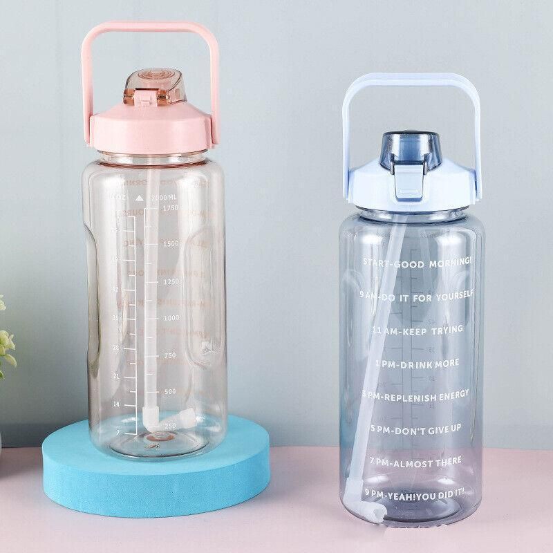 2L Water Bottle Straw Cup Motivational Drink Flask With Time Markings Sports Gym - Blue