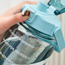 2L Water Bottle Straw Cup Motivational Drink Flask With Time Markings Sports Gym - Blue
