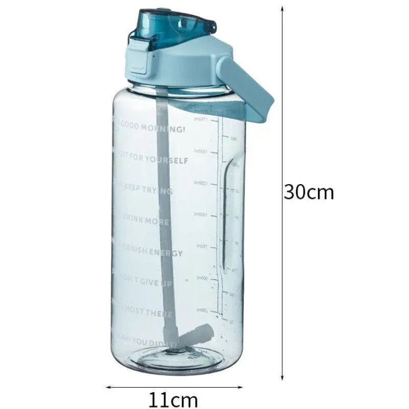 2L Water Bottle Straw Cup Motivational Drink Flask With Time Markings Sports Gym - Green