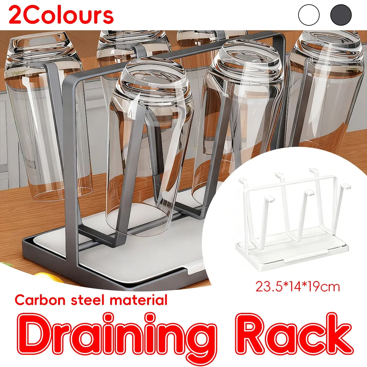 6 Hook Stainless Steel Cup Rack with Drip Tray for Mugs and Glasses - Black