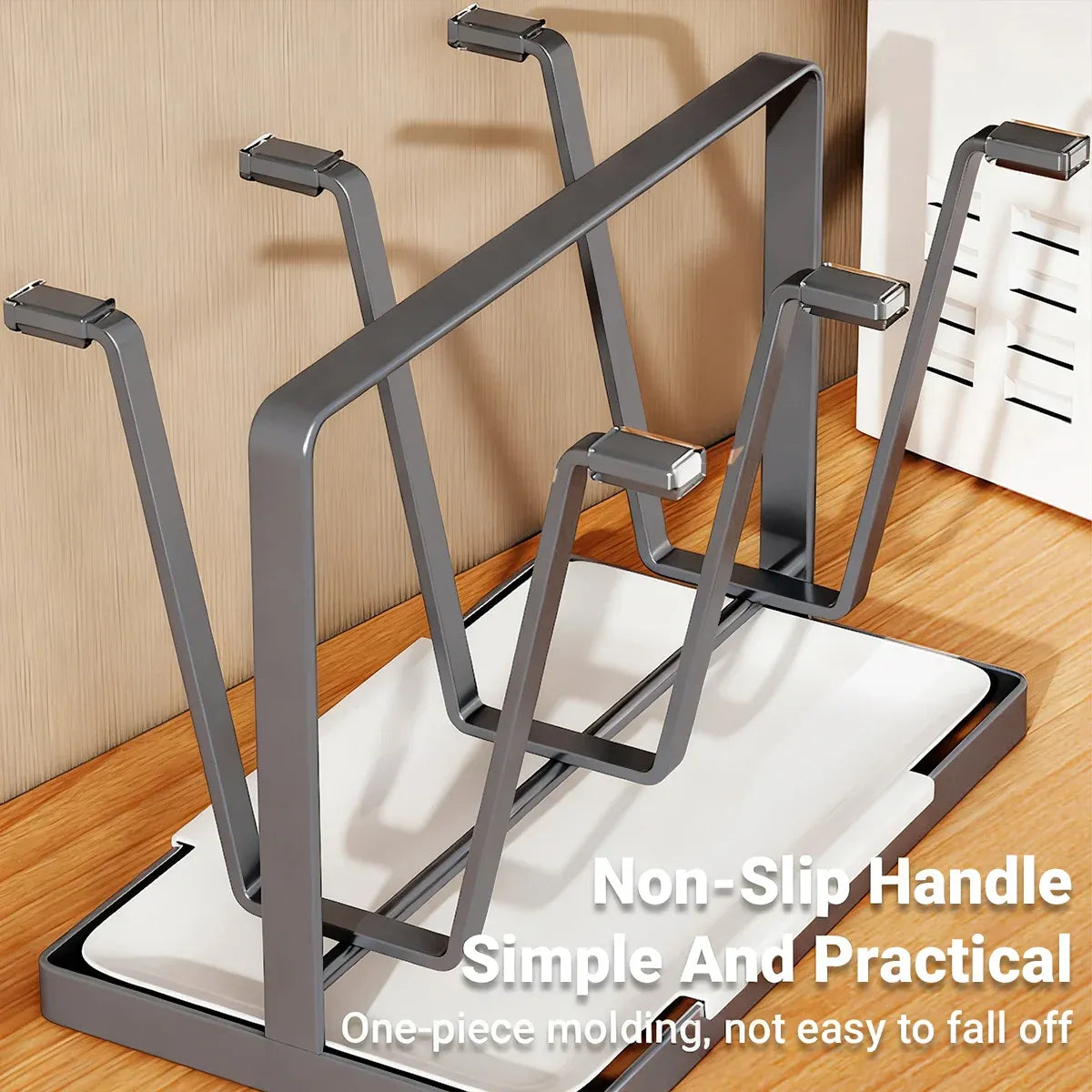 6 Hook Stainless Steel Cup Rack with Drip Tray for Mugs and Glasses - Black