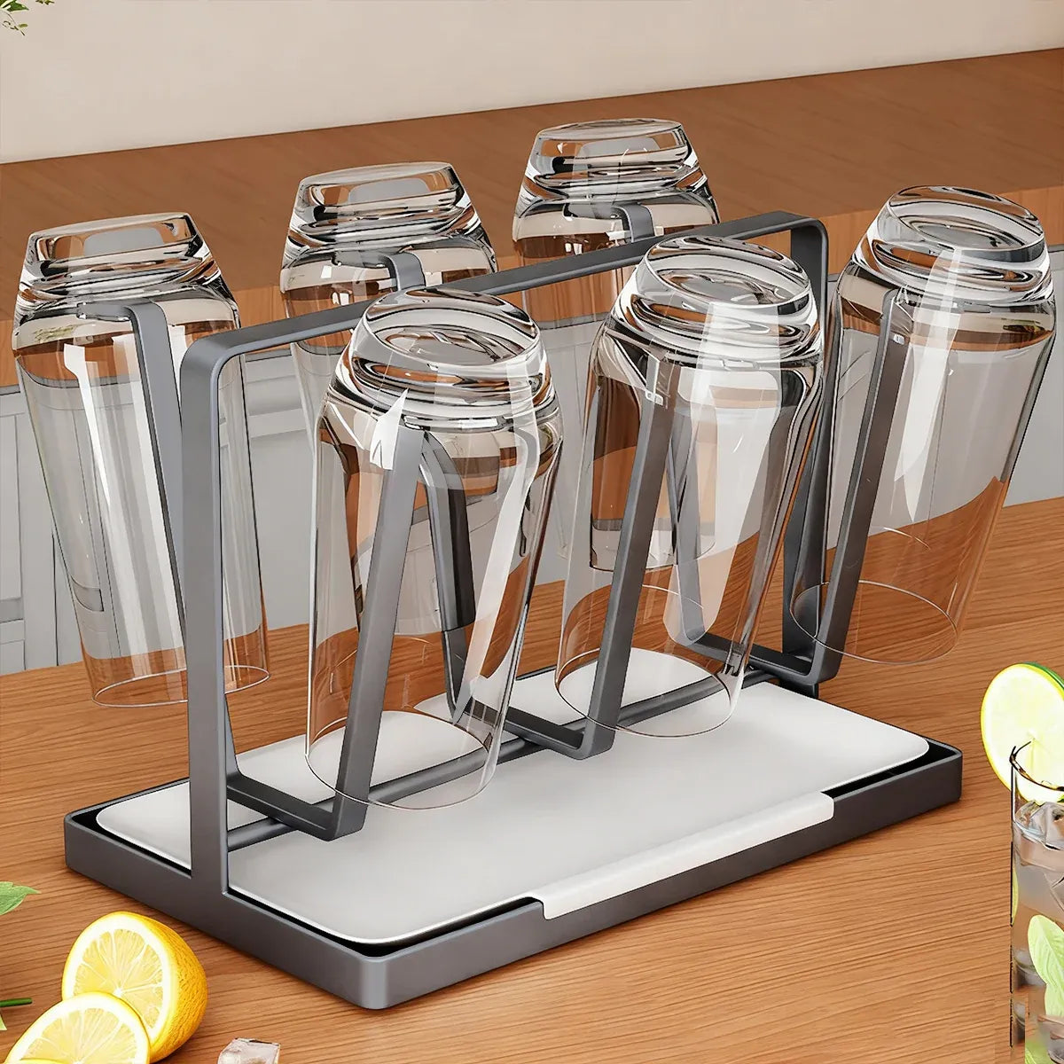 6 Hook Stainless Steel Cup Rack with Drip Tray for Mugs and Glasses - Black