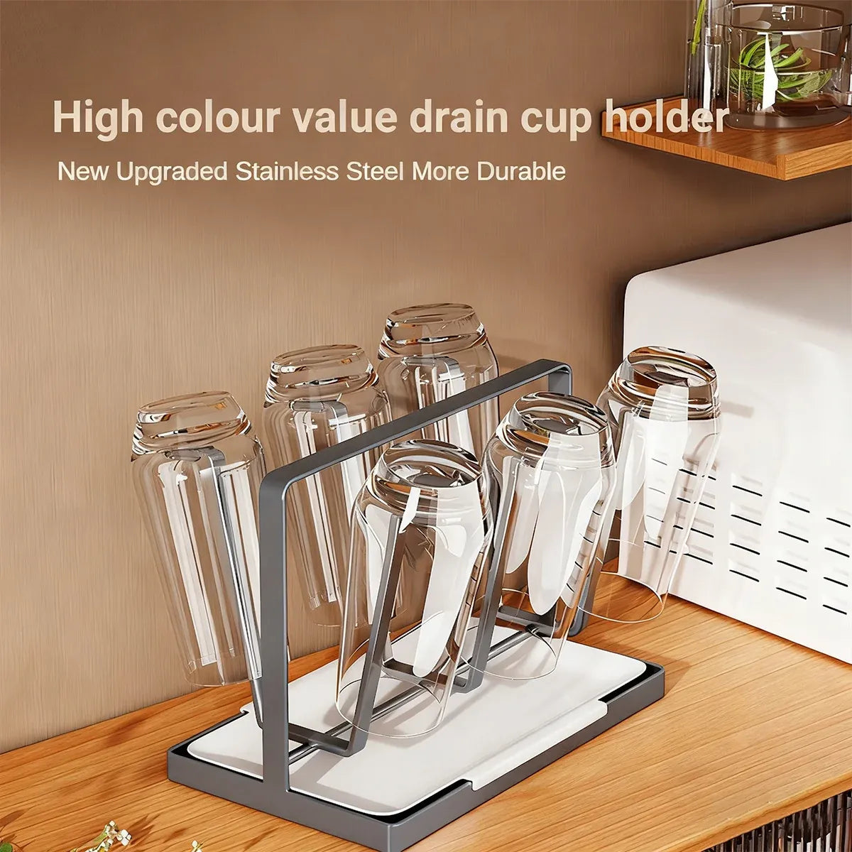 6 Hook Stainless Steel Cup Rack with Drip Tray for Mugs and Glasses - Black