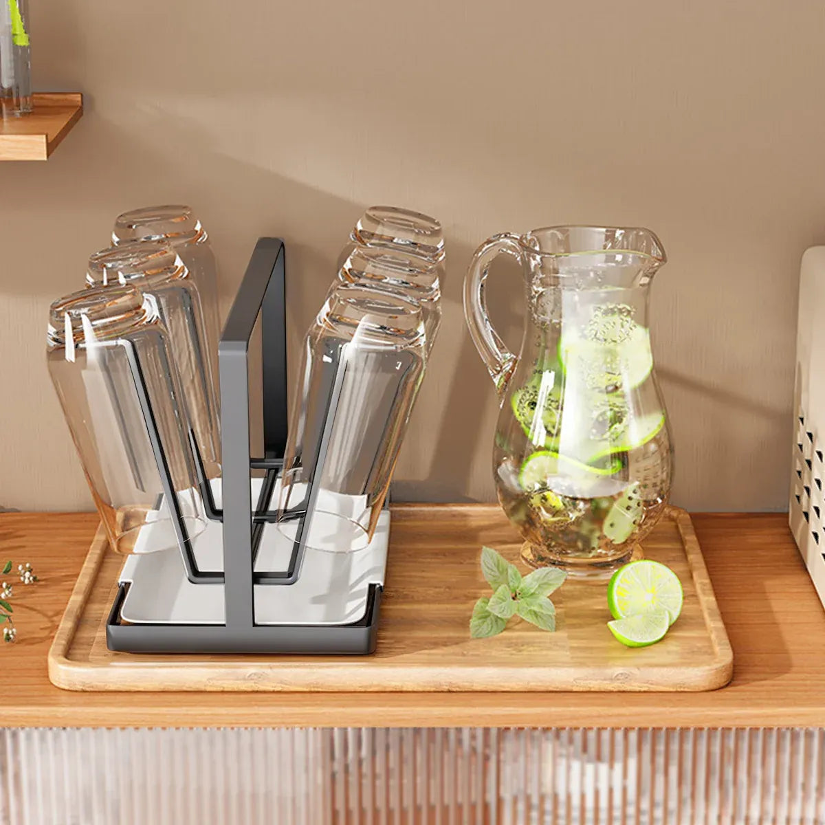 6 Hook Stainless Steel Cup Rack with Drip Tray for Mugs and Glasses - Black