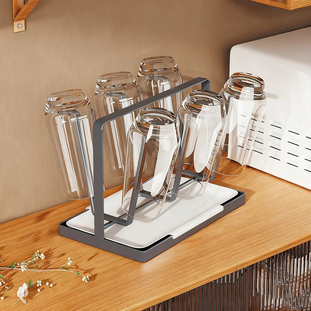 6 Hook Stainless Steel Cup Rack with Drip Tray for Mugs and Glasses - Black