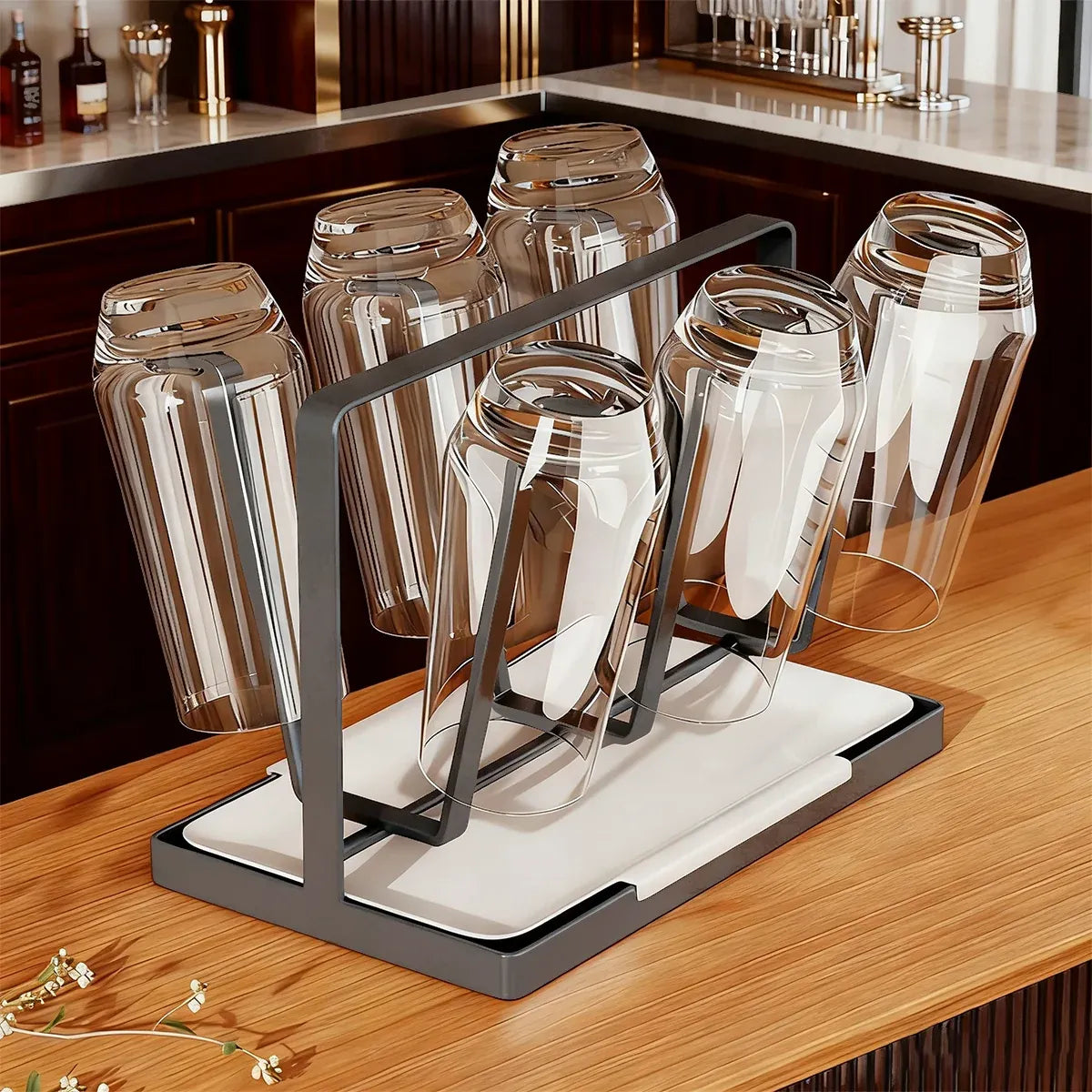 6 Hook Stainless Steel Cup Rack with Drip Tray for Mugs and Glasses - Black