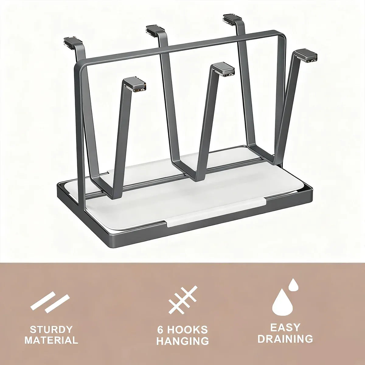 6 Hook Stainless Steel Cup Rack with Drip Tray for Mugs and Glasses - Black