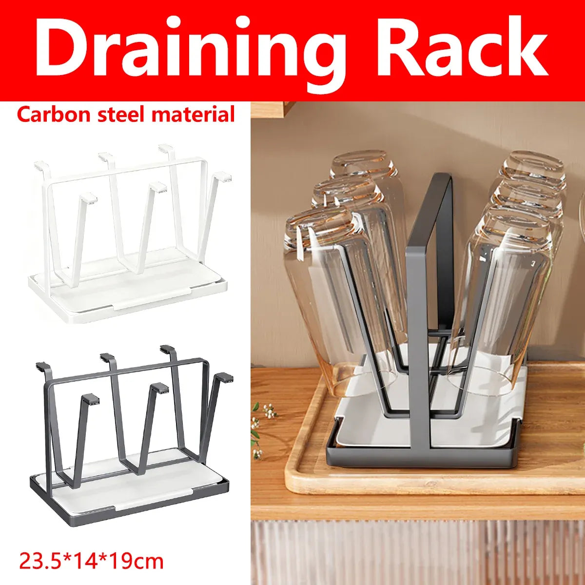 6 Hook Stainless Steel Cup Rack with Drip Tray for Mugs and Glasses - Black