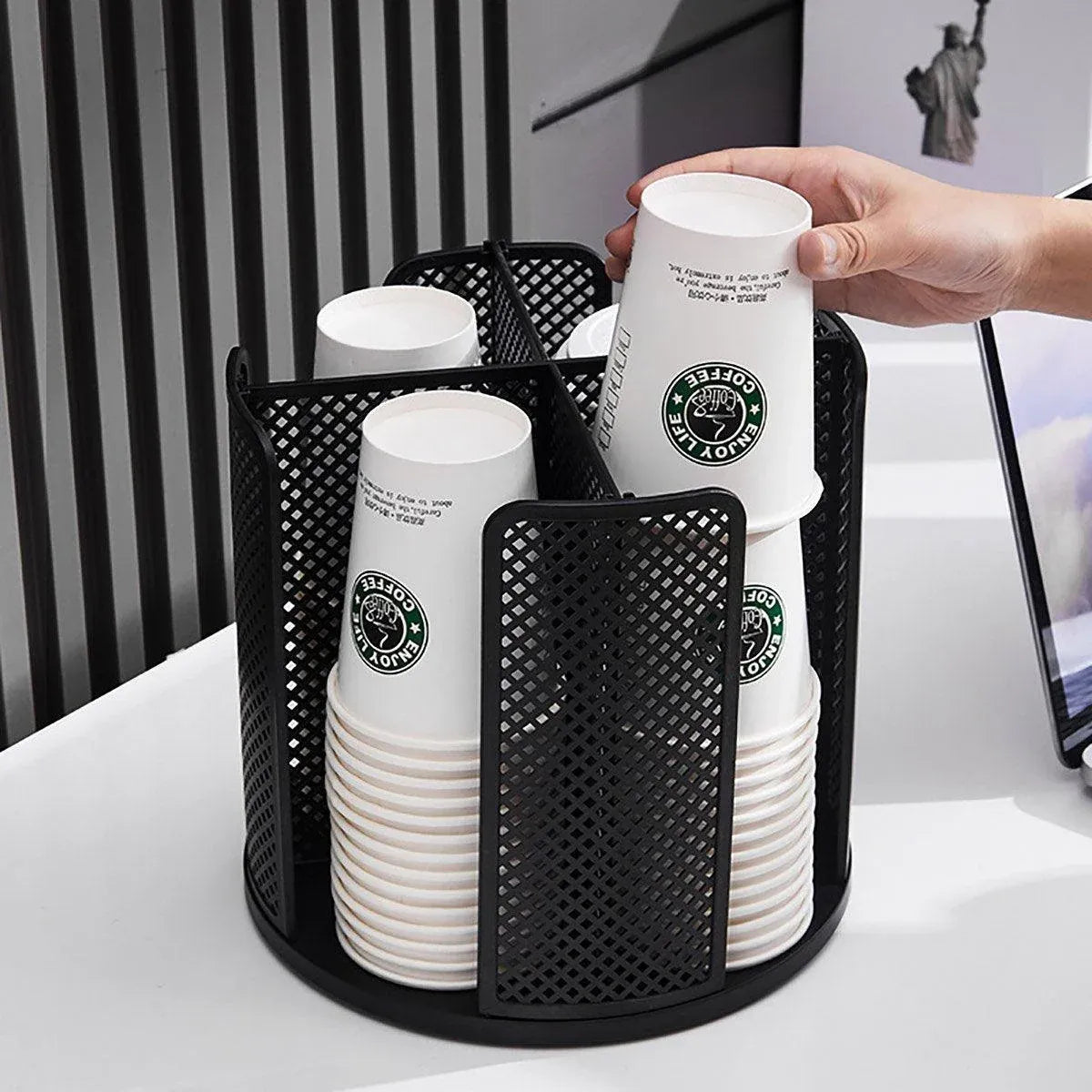Paper Cup Holder Organizer Swivel Compartment Cup Picker Drink Storage Stand - Black