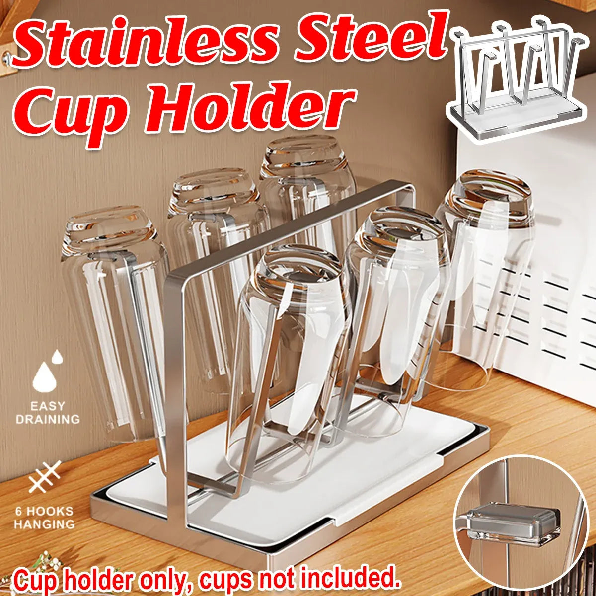 Drying Stainless Steel Cup Holder 6 Hook for Coffee Mug Glass Bottle Cup Durable