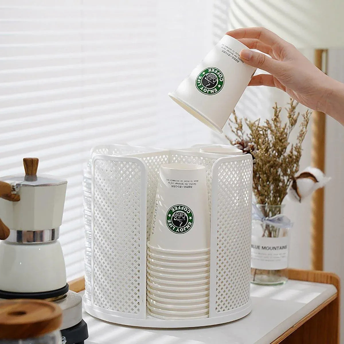 Paper Cup Holder Organizer Swivel Compartment Cup Picker Drink Storage Stand - White