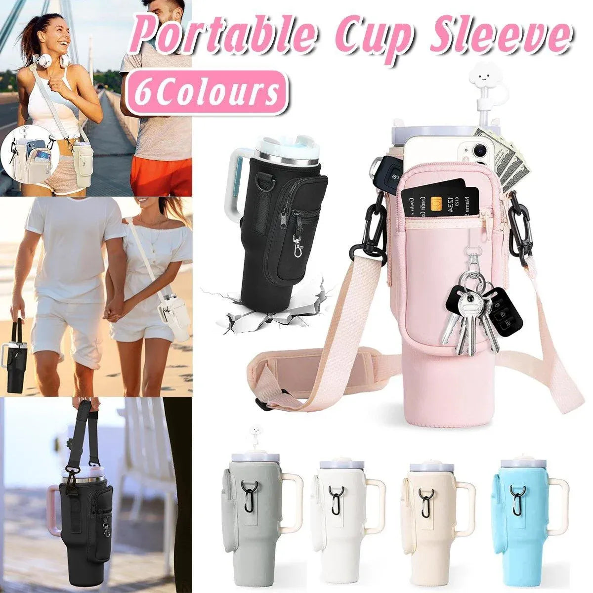 Portable Cup Sleeve Drink Holder Reusable Water Bottle Carrier Travel Bag - Beige