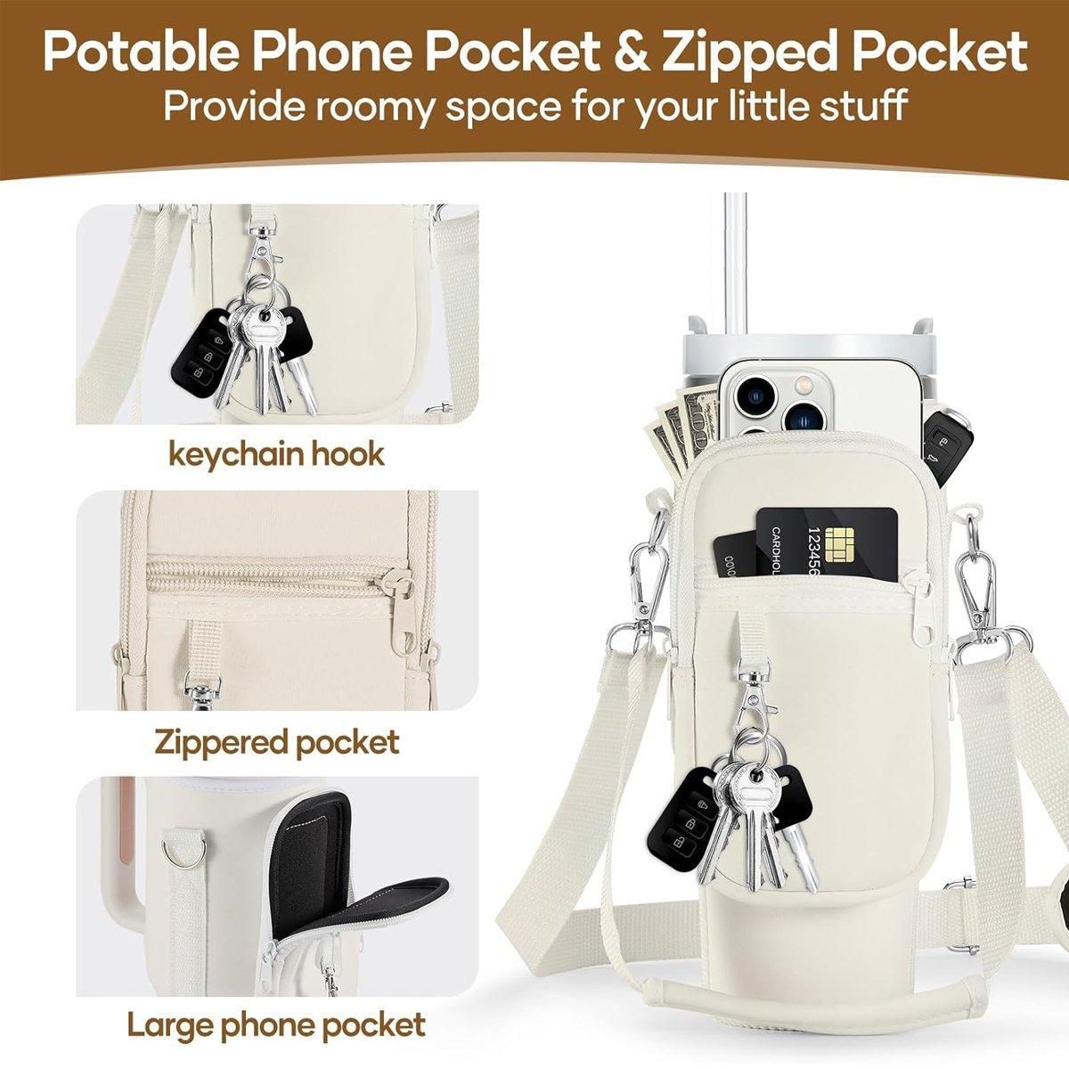 Portable Cup Sleeve Drink Holder Reusable Water Bottle Carrier Travel Bag - Beige