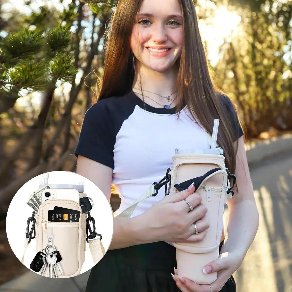 Portable Cup Sleeve Drink Holder Reusable Water Bottle Carrier Travel Bag - Beige