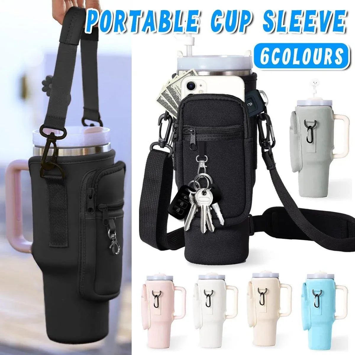 Portable Cup Sleeve Drink Holder Reusable Water Bottle Carrier Travel Bag - Beige