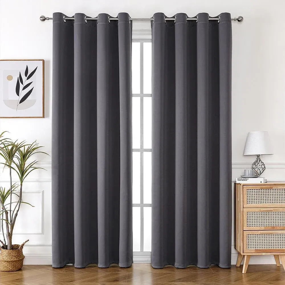 2pcs Semi Blackout Curtain Fabric Solid Colour Home Decor Drapes for Living Room - Black - 132x244cm
