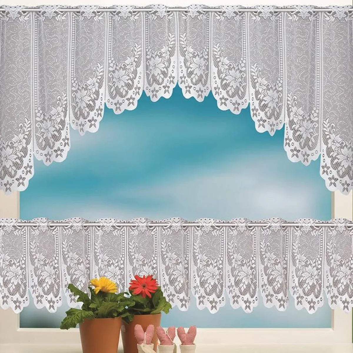 White Lace Window Curtain Short Tier Panel for Kitchen Bathroom