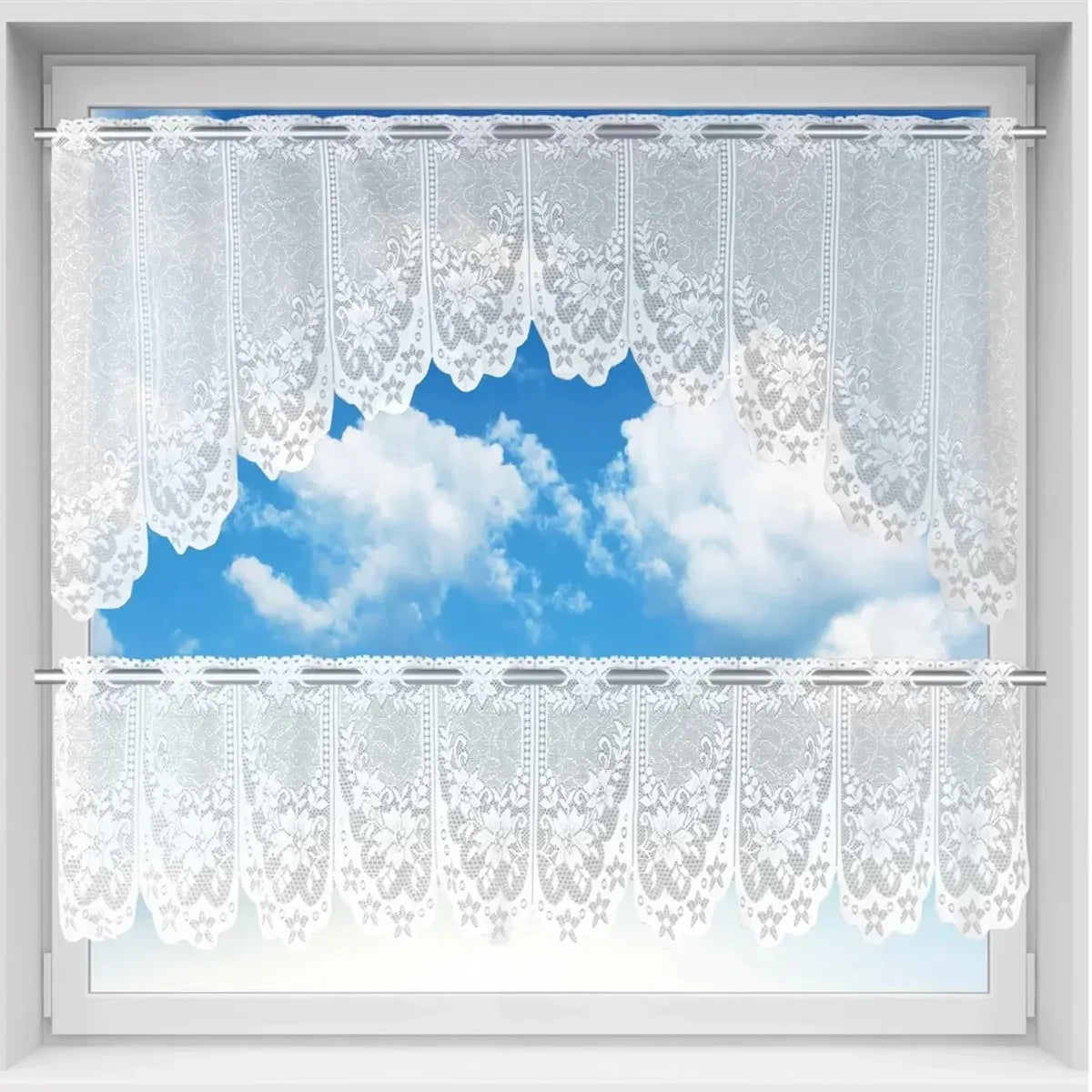 White Lace Window Curtain Short Tier Panel for Kitchen Bathroom
