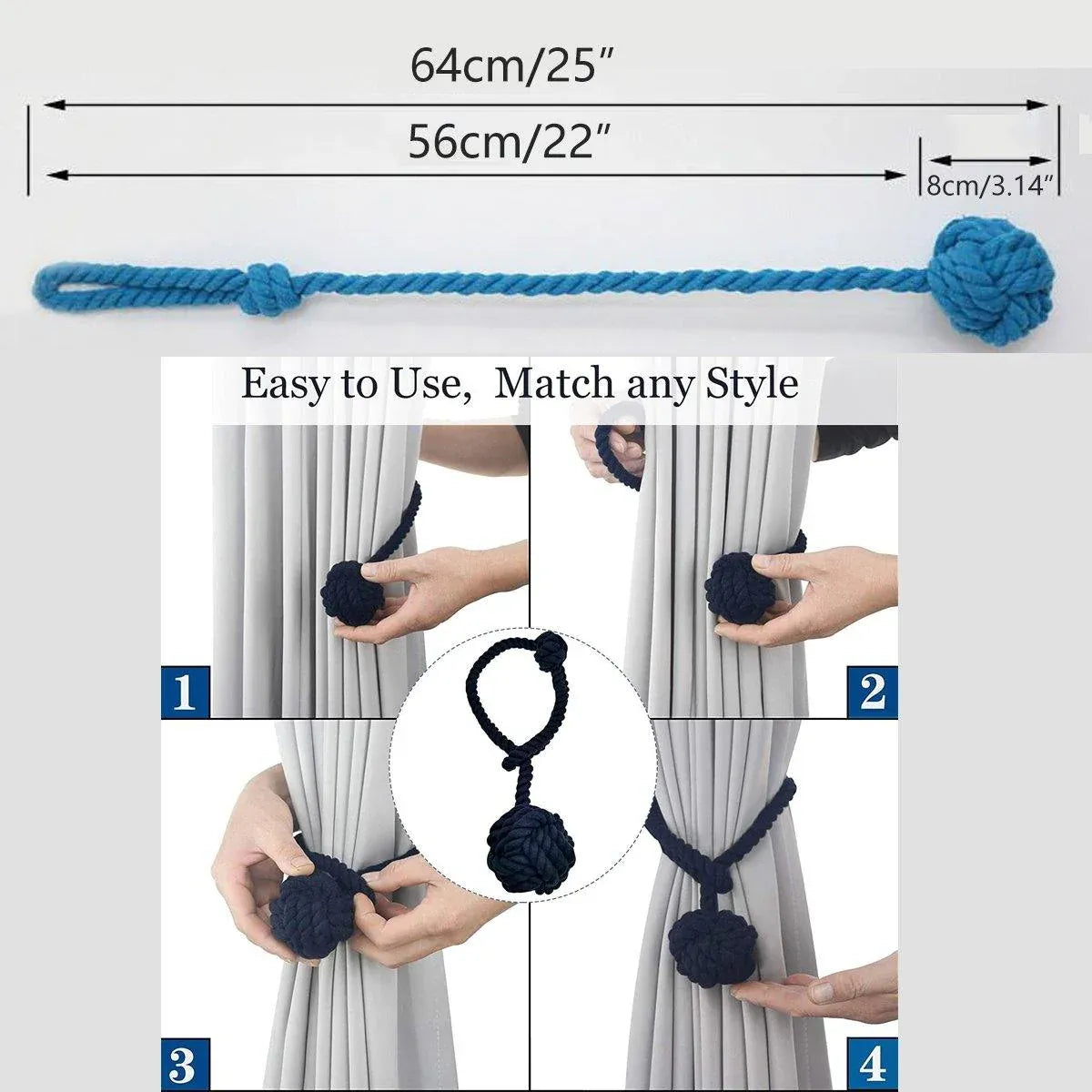1pair Braided Cotton Curtain Tiebacks No Hole Curtain Holdbacks Hanging Balls - Navy
