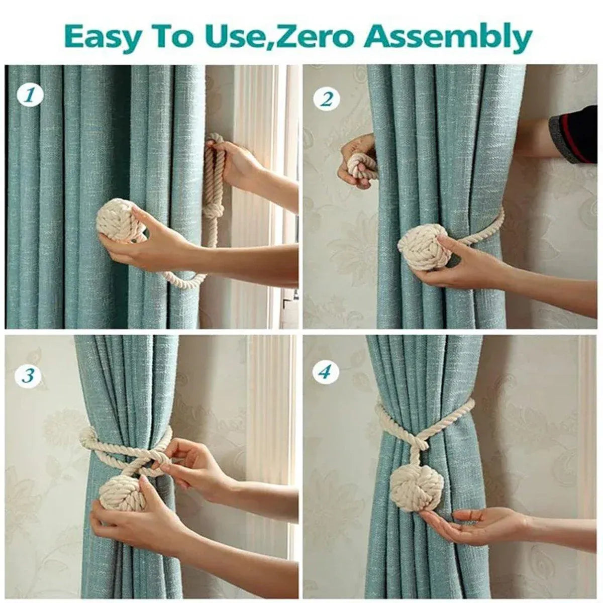 1pair Braided Cotton Curtain Tiebacks No Hole Curtain Holdbacks Hanging Balls - Navy