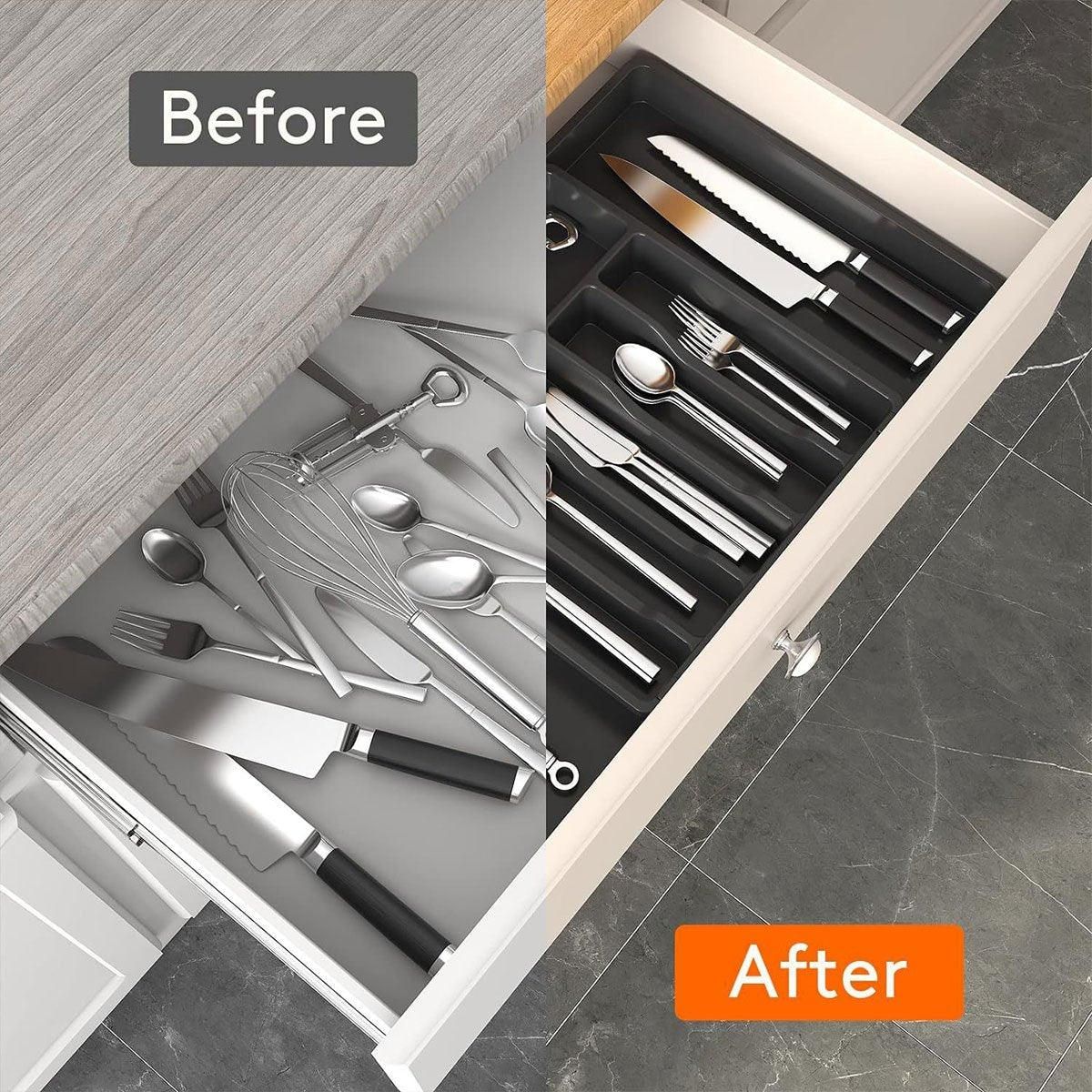Extendable Cutlery Storage Box Household Portable Retractable Tray Organizer - Black