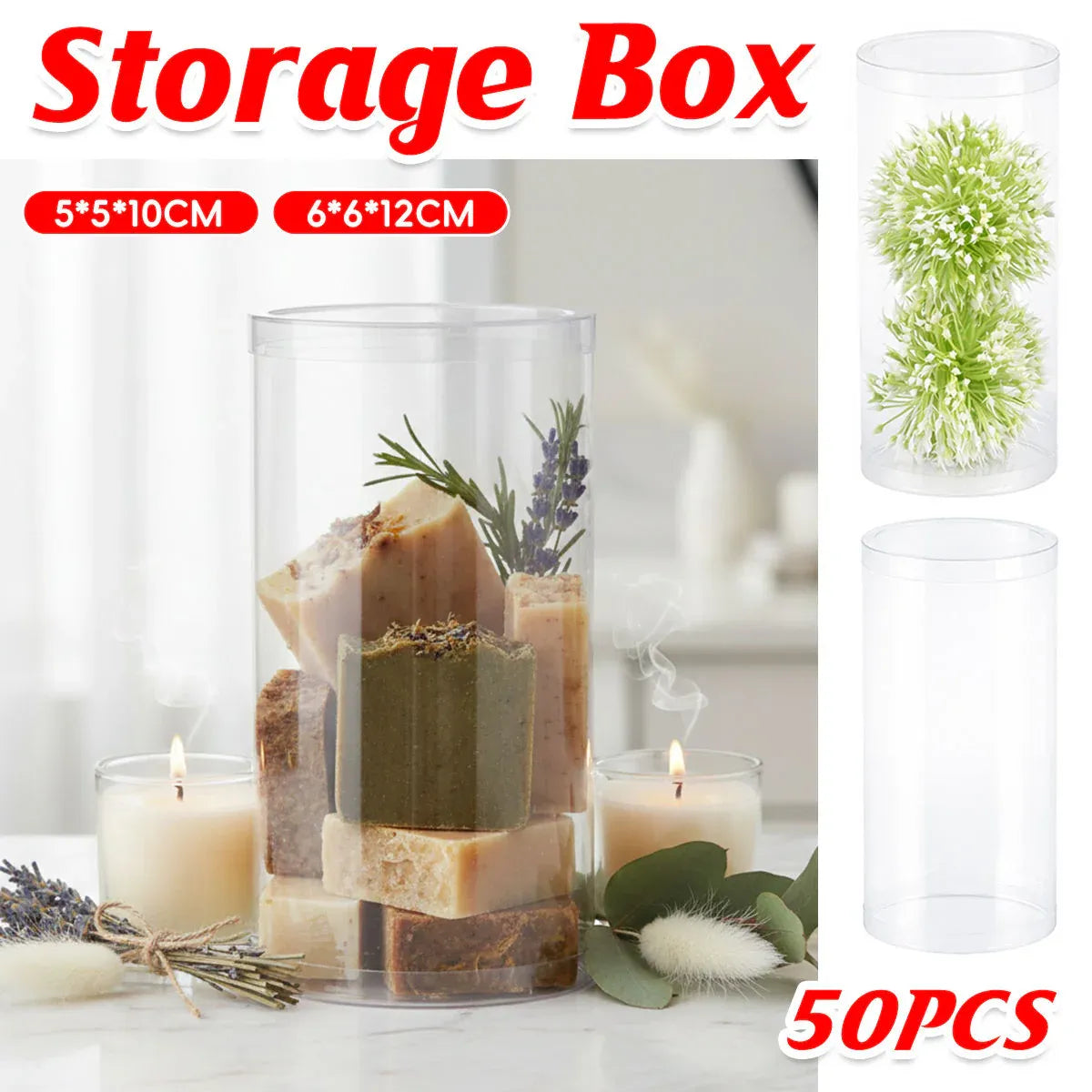 50pcs Clear Cylinder Organizer Storage Tube Container Case Pack Set Kit Easy Use - 6x6x12cm