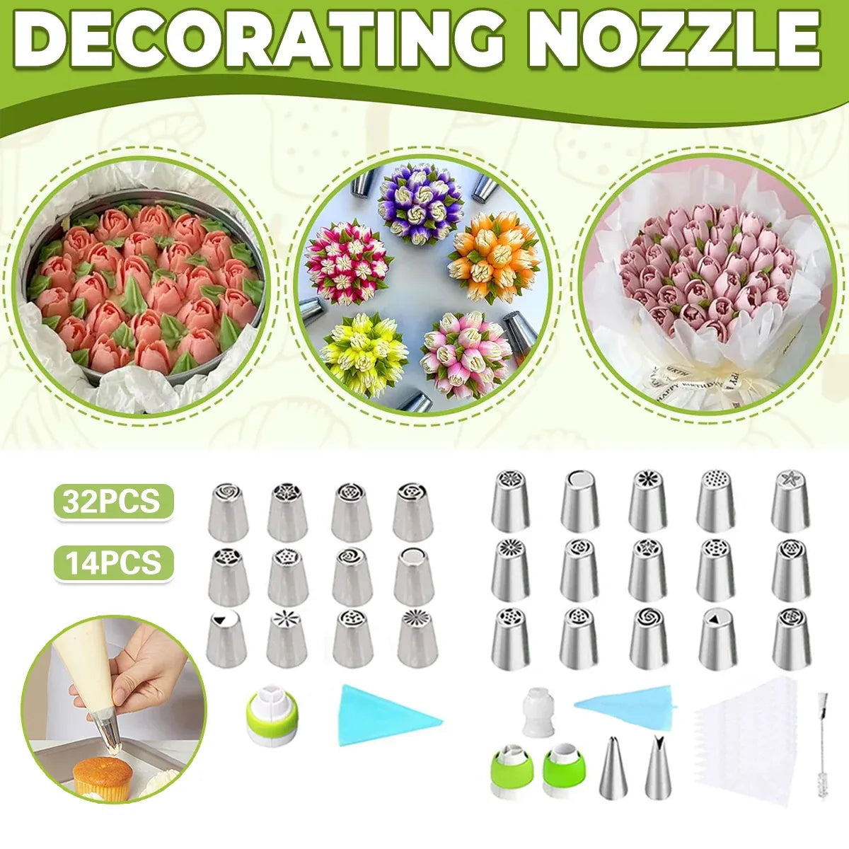 Russian Piping Tips Cake Decorating Set - 14 or 32 PCS Stainless Steel Nozzles - 14PCS