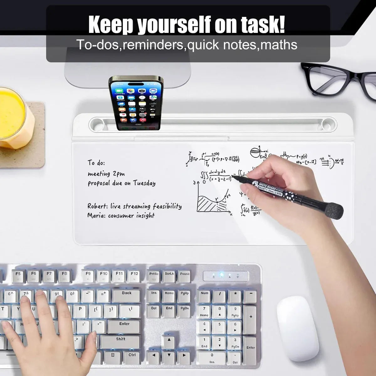 Desktop Whiteboard with Storage Tempered Glass Board for Office
