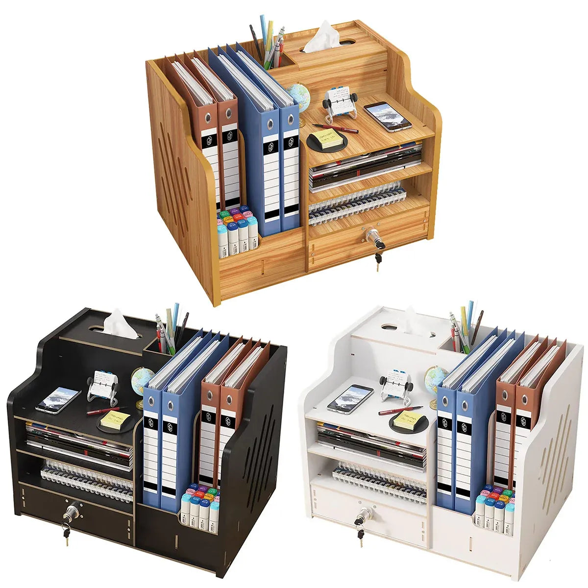 Wooden Desktop Storage Box with Locking Drawer Space Saving for Home Office Use - Black