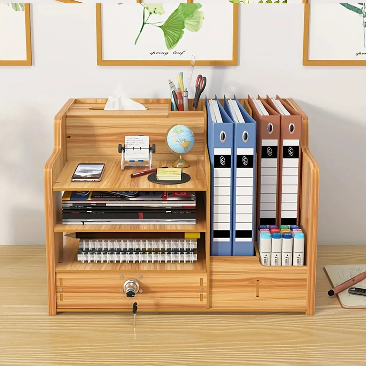 Wooden Desktop Storage Box with Locking Drawer Space Saving for Home Office Use - Black