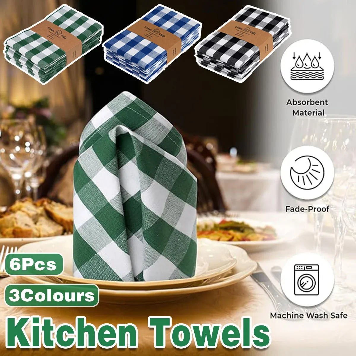 6PCS Checkered Kitchen Towels Dishwashing Cloths Cleaning Cloth Set for Home Use - Black