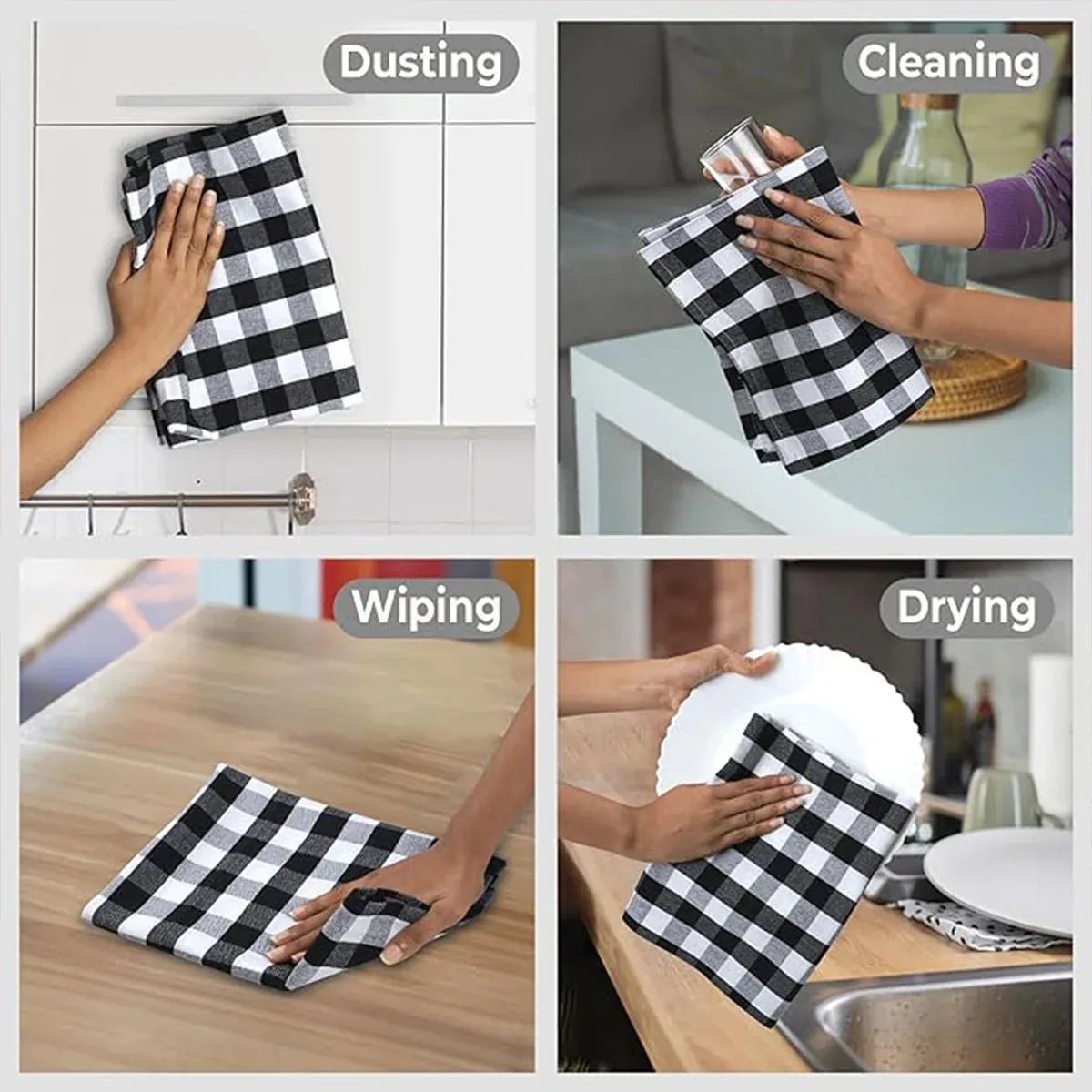 6PCS Checkered Kitchen Towels Dishwashing Cloths Cleaning Cloth Set for Home Use - Green