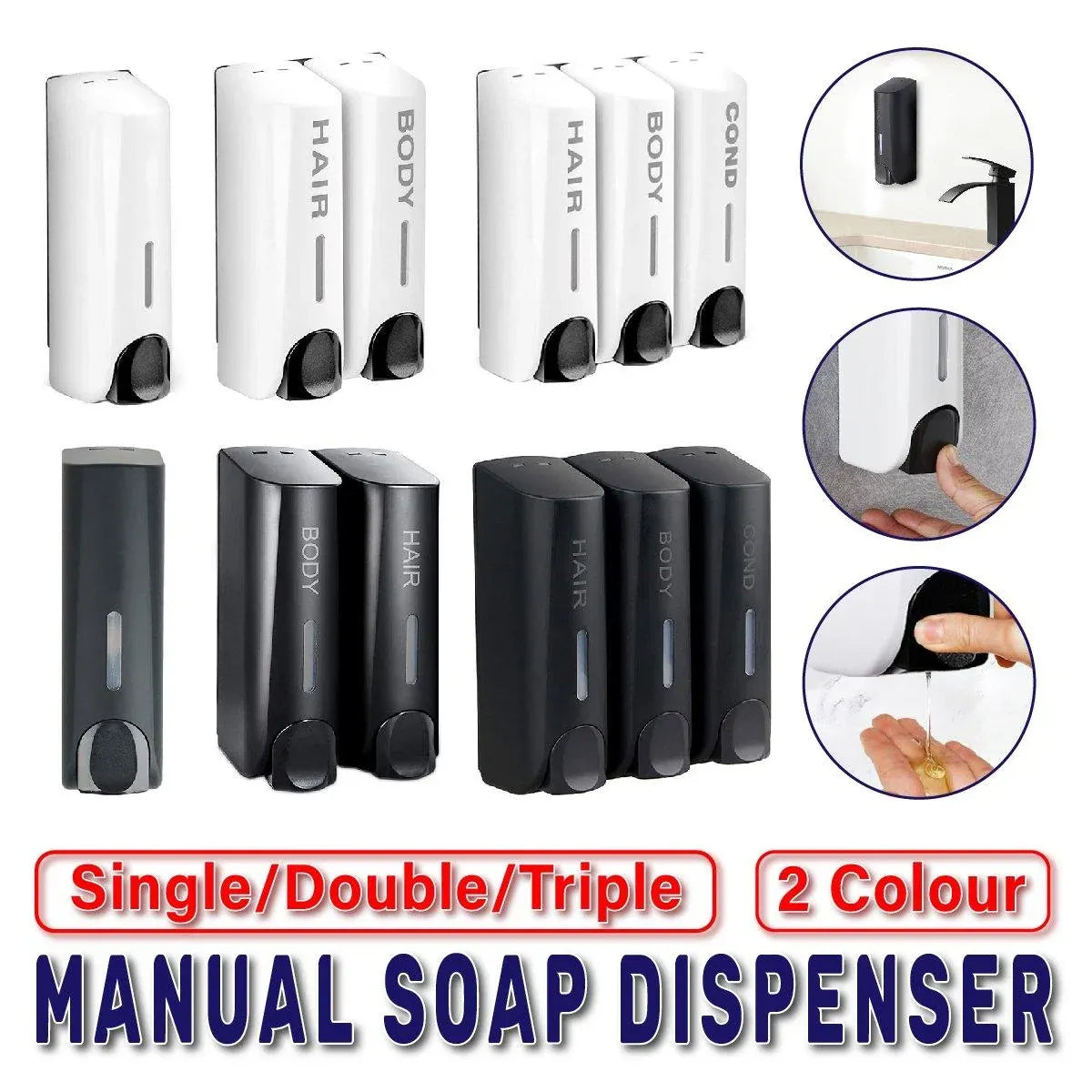 Hotel Wall Mounted Soap Dispenser Bathroom Shampoo Shower Gel Hand Soap Box - Black-Double