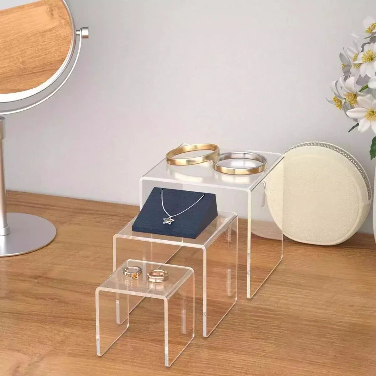 3PCS Clear Square Acrylic Display Stands for Jewelry Rings Watches Dessert Use