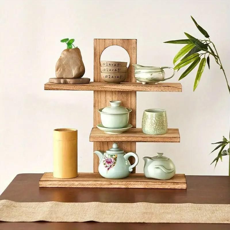 Wooden Desktop Tea Set Rack Display Stand Organizer Storage Shelf for Teaware - Brown