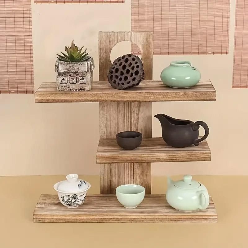 Wooden Desktop Tea Set Rack Display Stand Organizer Storage Shelf for Teaware - Brown