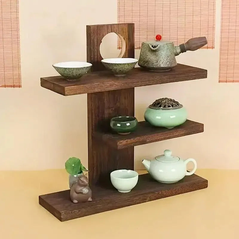 Wooden Desktop Tea Set Rack Display Stand Organizer Storage Shelf for Teaware - Brown