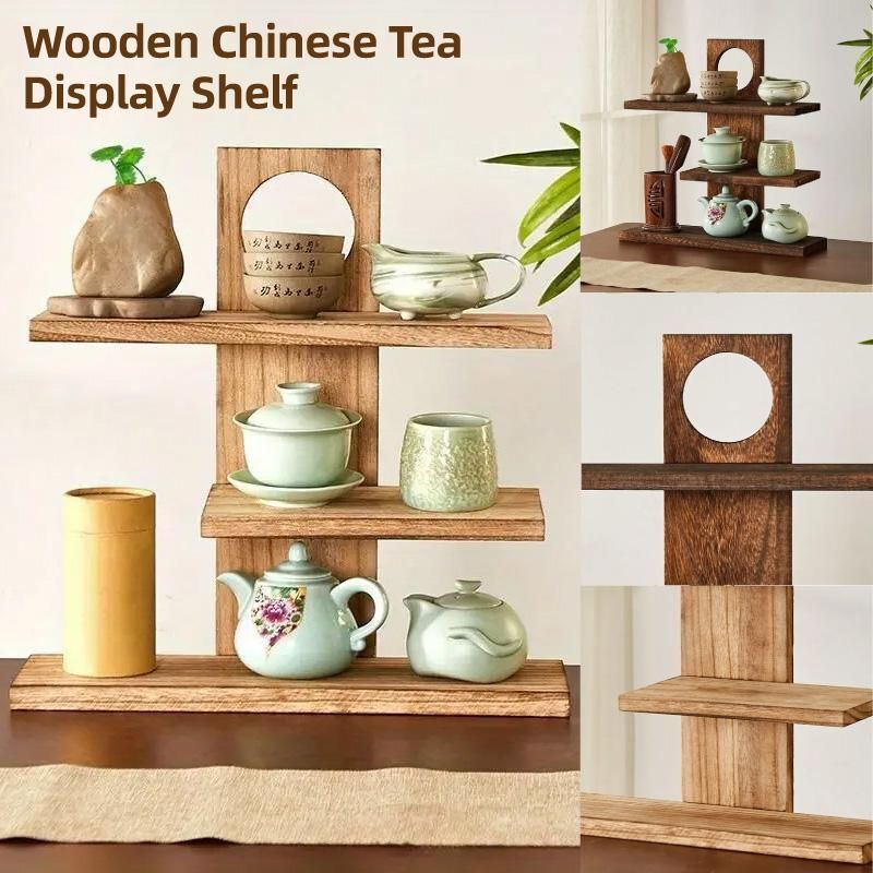 Wooden Desktop Tea Set Rack Display Stand Organizer Storage Shelf for Teaware - Brown