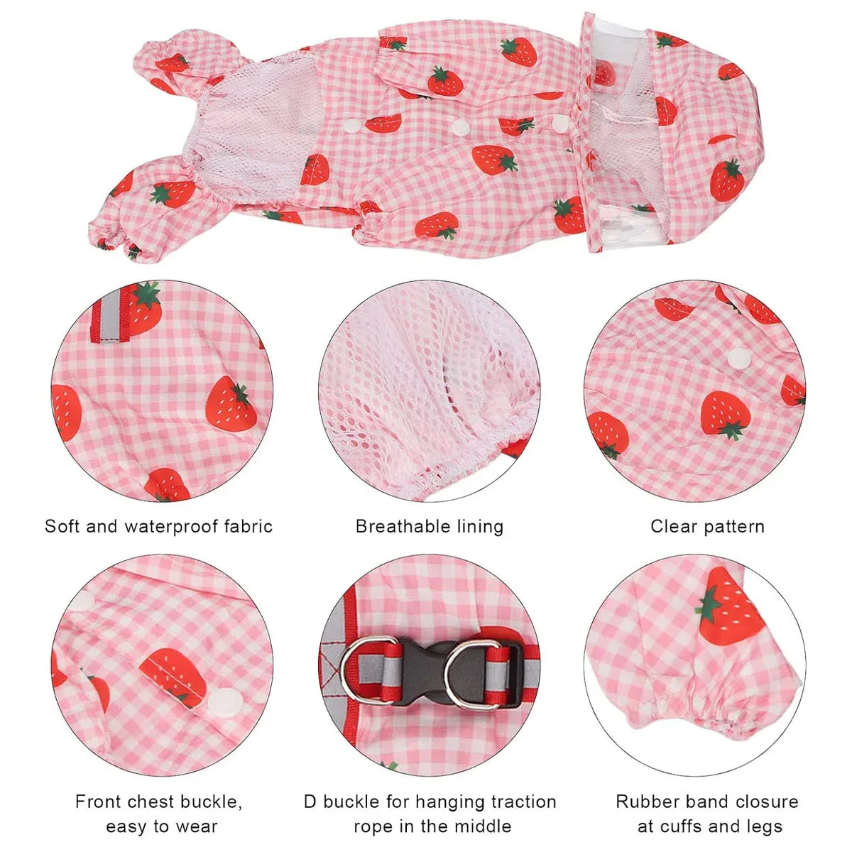Strawberry Checkered Cat Raincoat Outdoor Rainy Days Dog Raincoat Fashionable - L