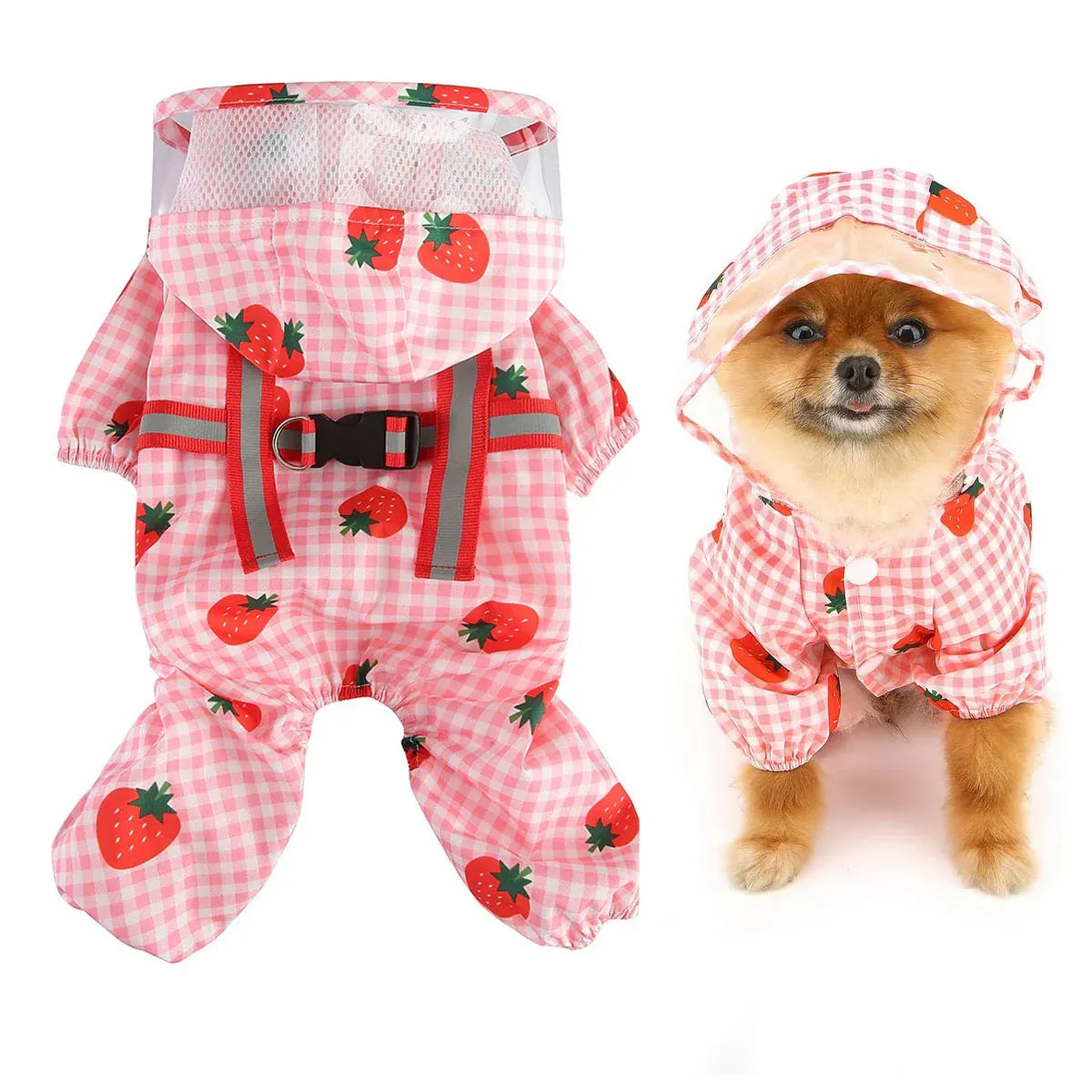 Strawberry Checkered Cat Raincoat Outdoor Rainy Days Dog Raincoat Fashionable - S